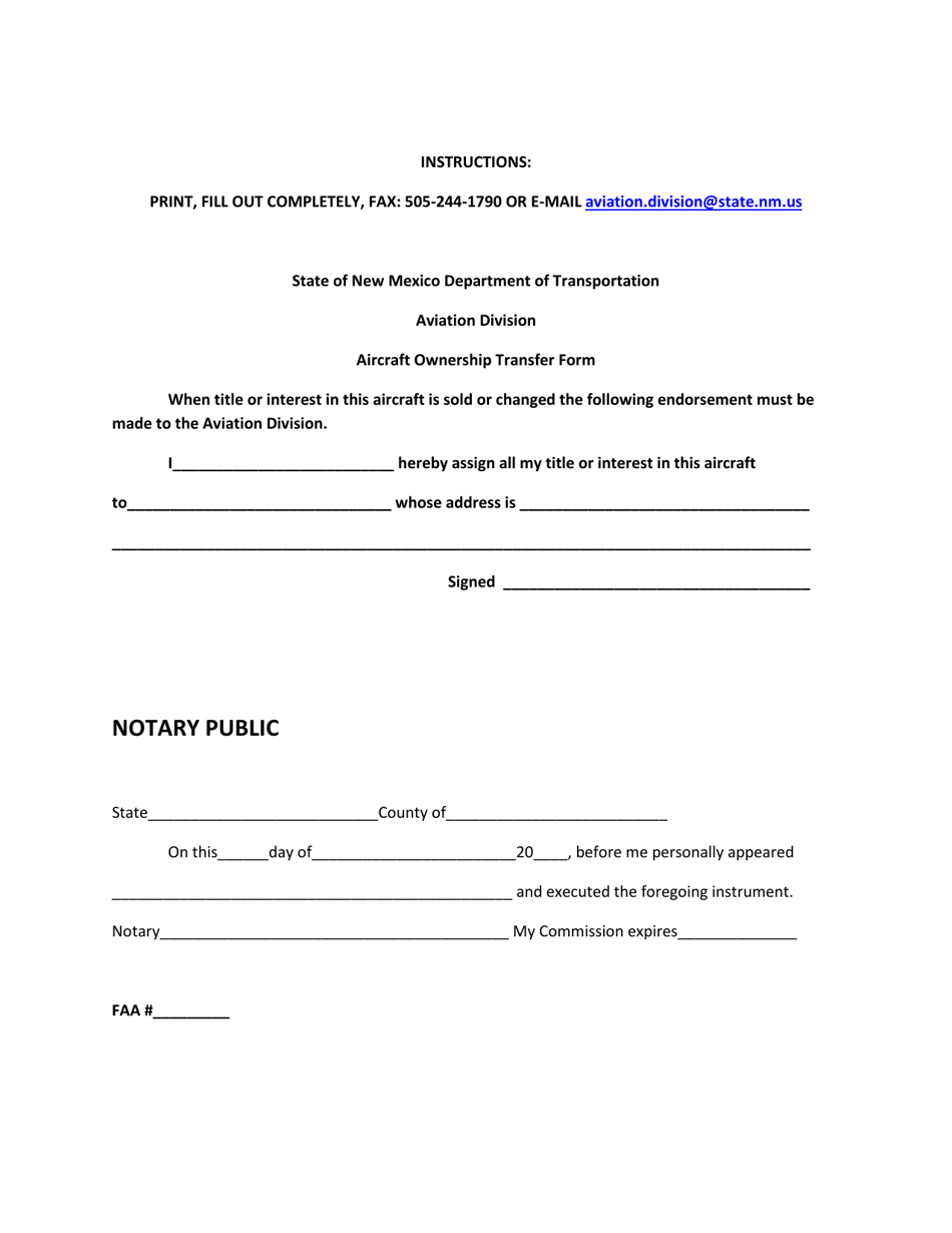 Aircraft Ownership Transfer Form - New Mexico, Page 1