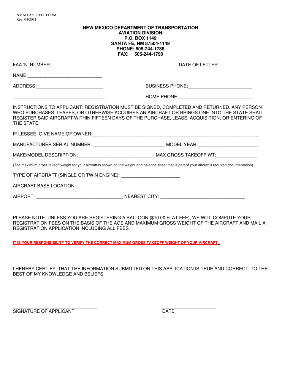 Aircraft Registration Form - New Mexico, Page 1