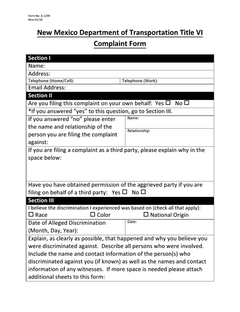 Form A-1299 Title VI Complaint Form - New Mexico