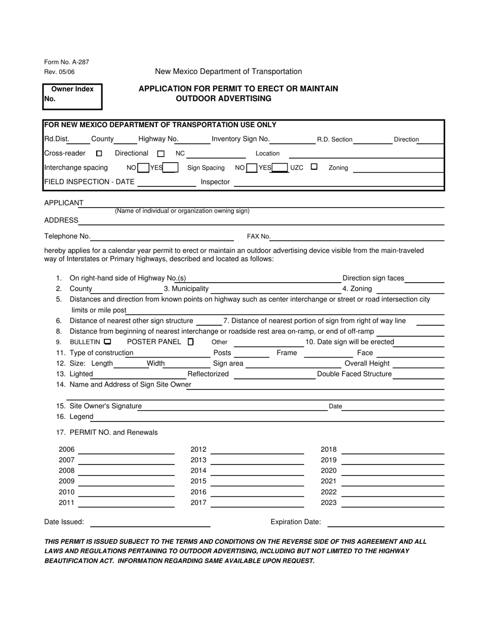 Form A-287 Application for Permit to Erect or Maintain Outdoor Advertising - New Mexico, Page 1
