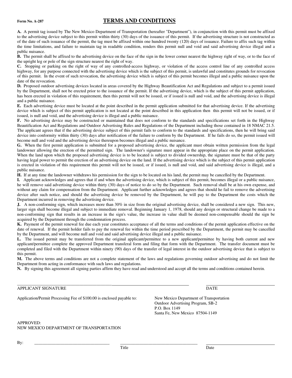 Form A-287 Application for Permit to Erect or Maintain Outdoor Advertising - New Mexico, Page 2