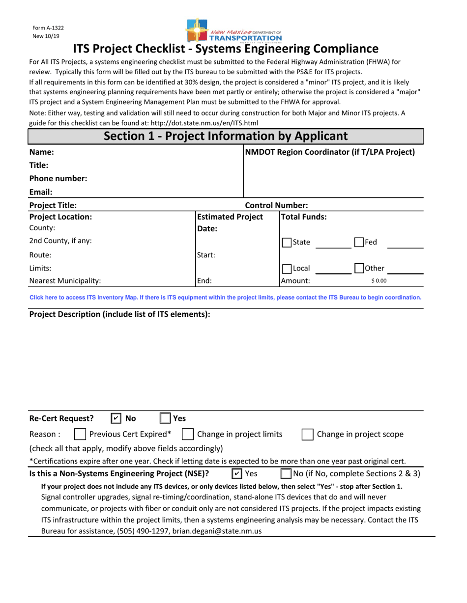 Form A-1322 Its Project Checklist - Systems Engineering Compliance - New Mexico, Page 1