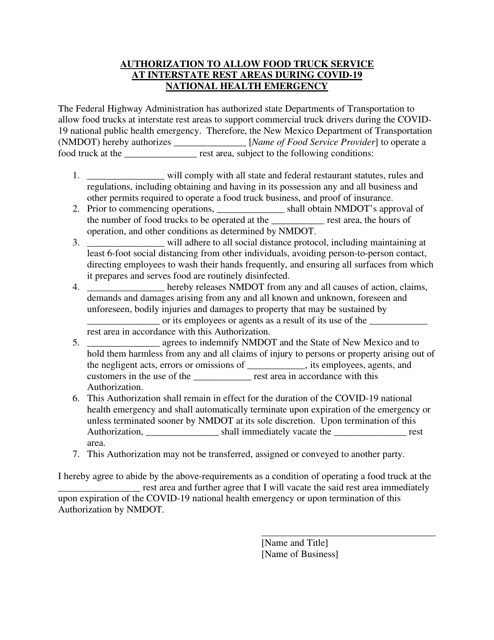 Authorization to Allow Food Truck Service at Interstate Rest Areas During Covid-19 National Health Emergency - New Mexico Download Pdf