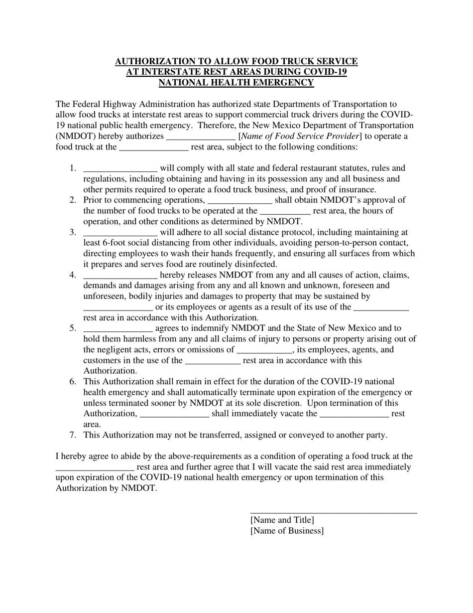 Authorization to Allow Food Truck Service at Interstate Rest Areas During Covid-19 National Health Emergency - New Mexico, Page 1