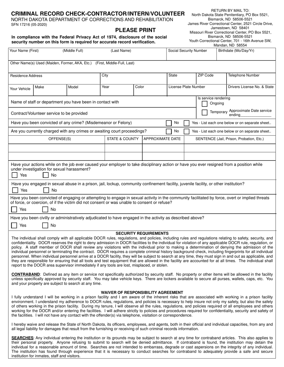 Form SFN17216 Criminal Record Check-Contractor / Intern / Volunteer - North Dakota, Page 1