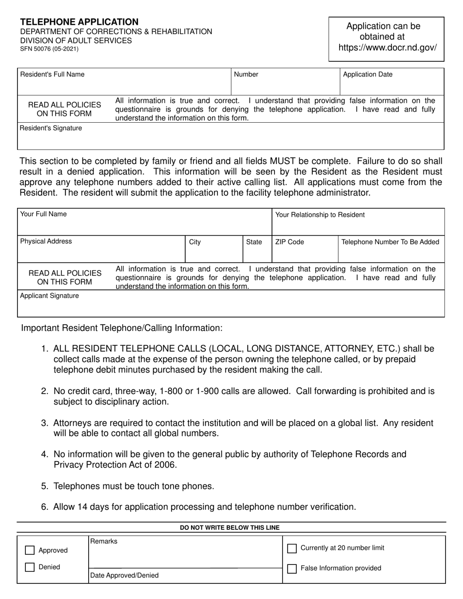 Form SFN50076 Telephone Application - North Dakota, Page 1