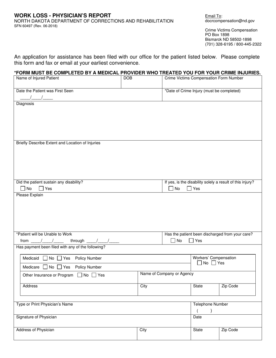 Form SFN60497 Work Loss - Physicians Report - North Dakota, Page 1