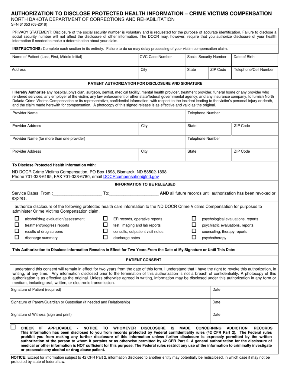 Form SFN61353 Authorization to Disclose Protected Health Information - Crime Victims Compensation - North Dakota, Page 1