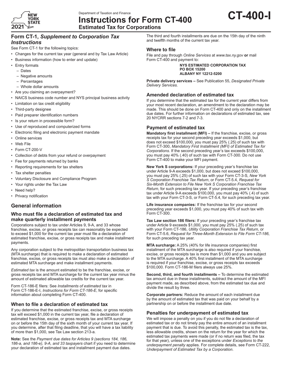 Instructions for Form CT-400 Estimated Tax for Corporations - New York, Page 1