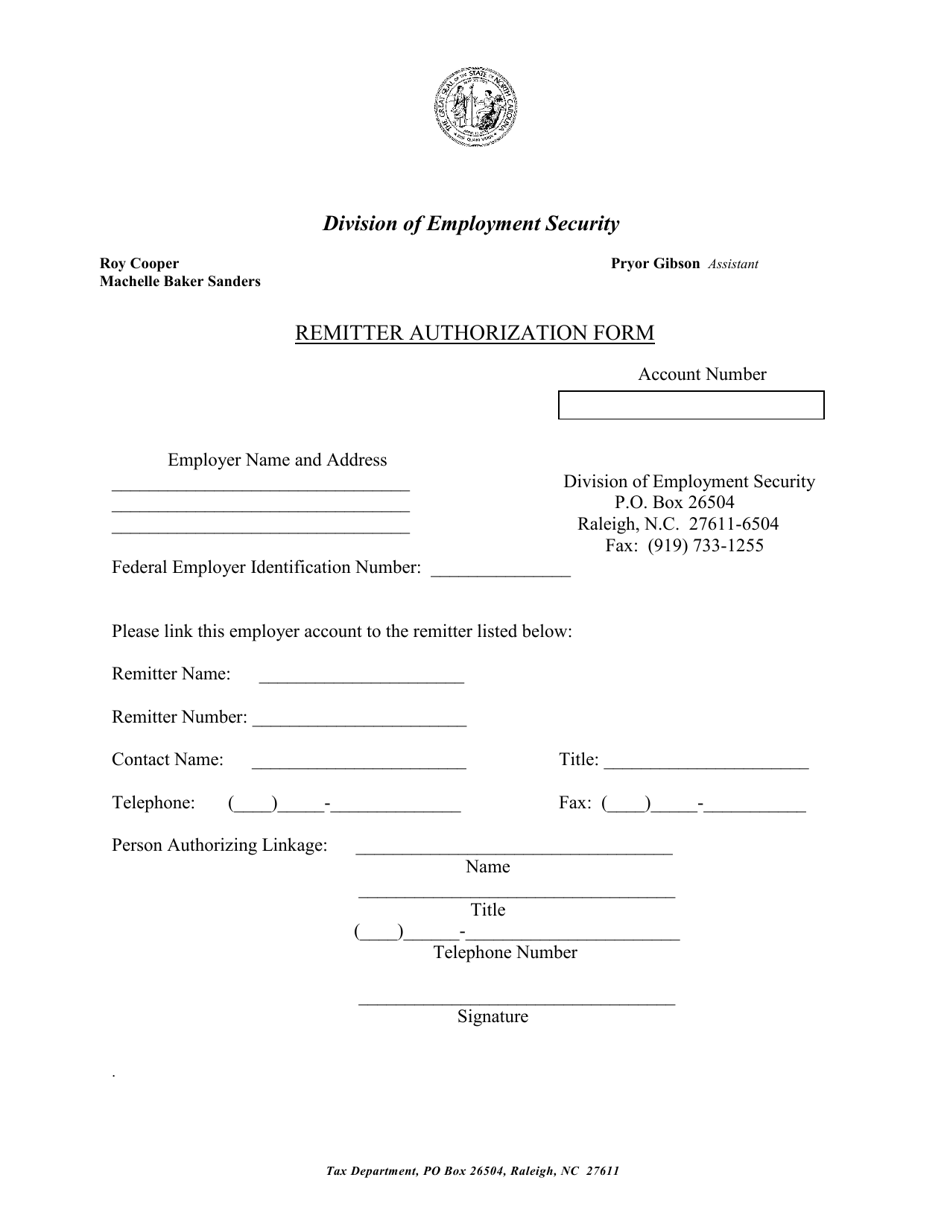 Remitter Authorization Form - North Carolina, Page 1