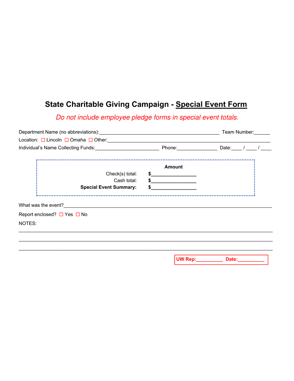 State Charitable Giving Campaign - Special Event Form - Nebraska, Page 1