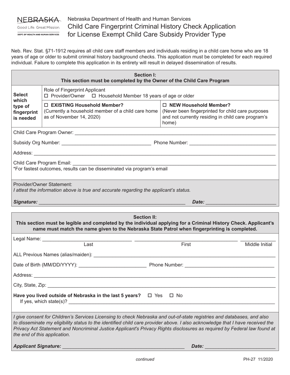 Form PH-27 Child Care Fingerprint Criminal History Check Application for License Exempt Child Care Subsidy Provider Type - Nebraska, Page 1