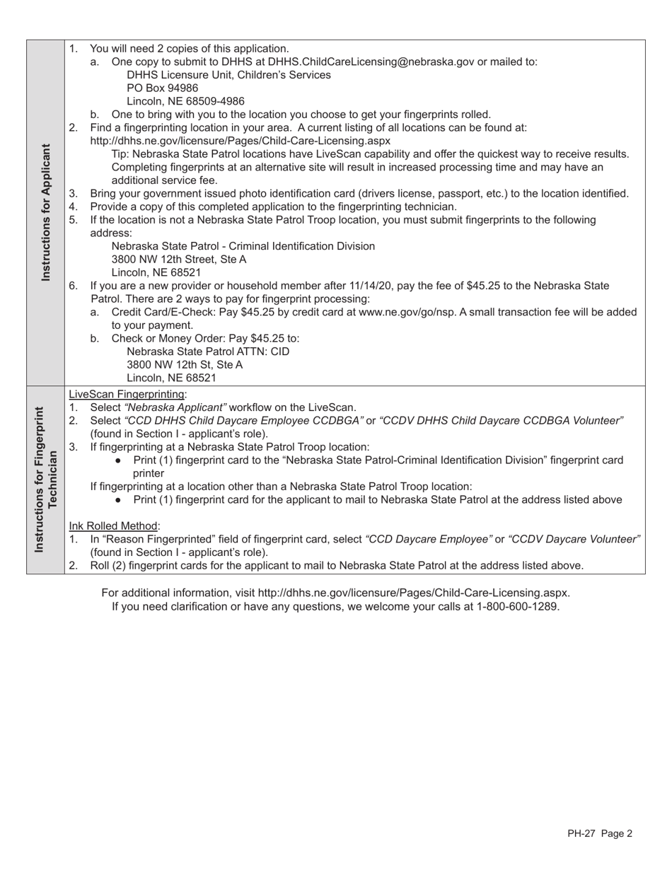 Form PH-27 Child Care Fingerprint Criminal History Check Application for License Exempt Child Care Subsidy Provider Type - Nebraska, Page 2