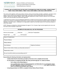Consent and Authorization for Release of Information Form for in Home, License Exempt, Family Child Care Homes I, Family Child Care Homes II, and Child Care Centers - Nebraska