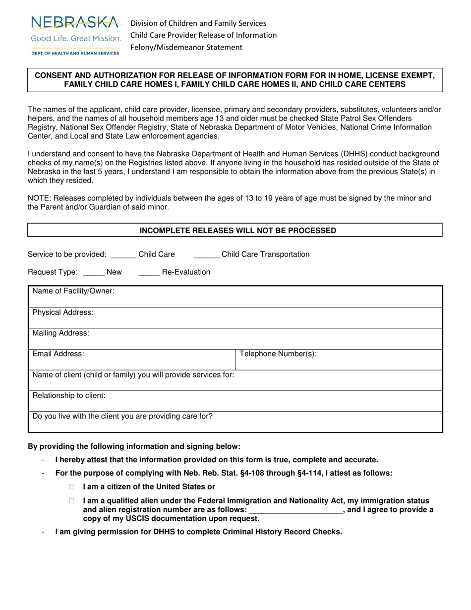 Consent and Authorization for Release of Information Form for in Home, License Exempt, Family Child Care Homes I, Family Child Care Homes II, and Child Care Centers - Nebraska, Page 1