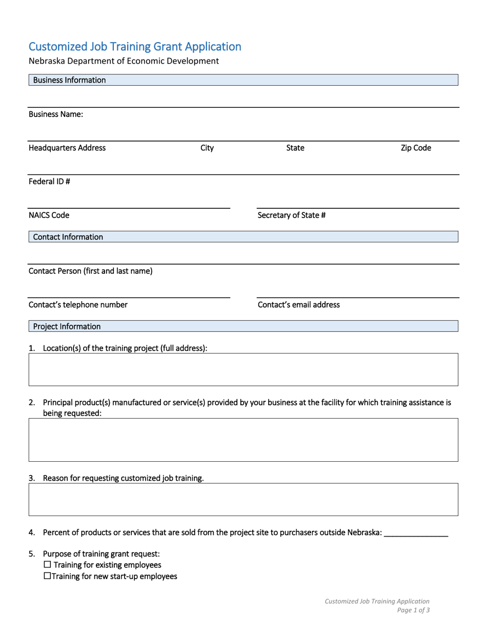 Customized Job Training Grant Application - Nebraska, Page 1