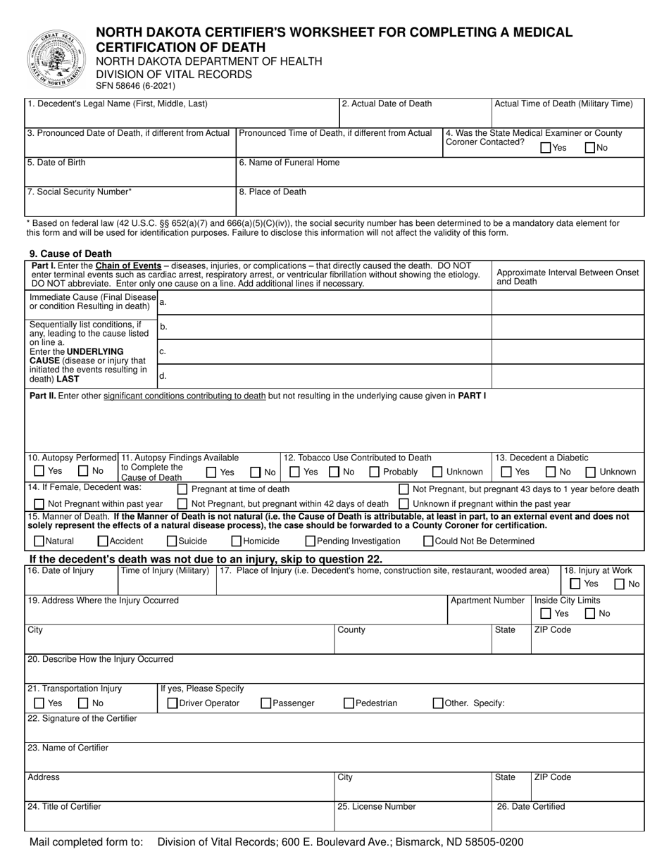 Form SFN58646 North Dakota Certifiers Worksheet for Completing a Medical Certification of Death - North Dakota, Page 1