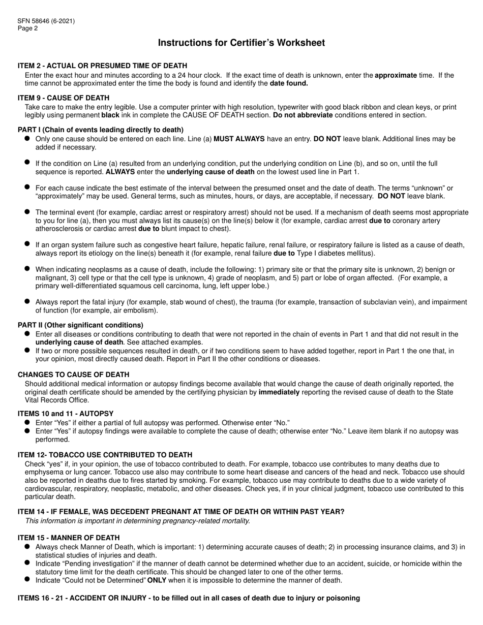 Form SFN58646 North Dakota Certifiers Worksheet for Completing a Medical Certification of Death - North Dakota, Page 2