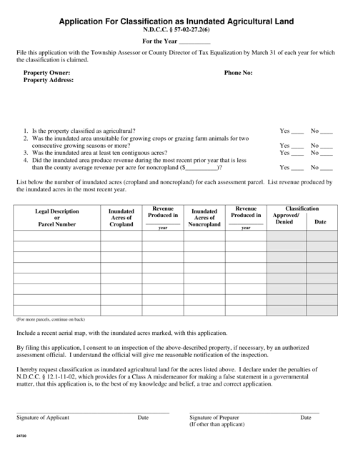 Form 24720 Application for Classification as Inundated Agricultural Land - North Dakota