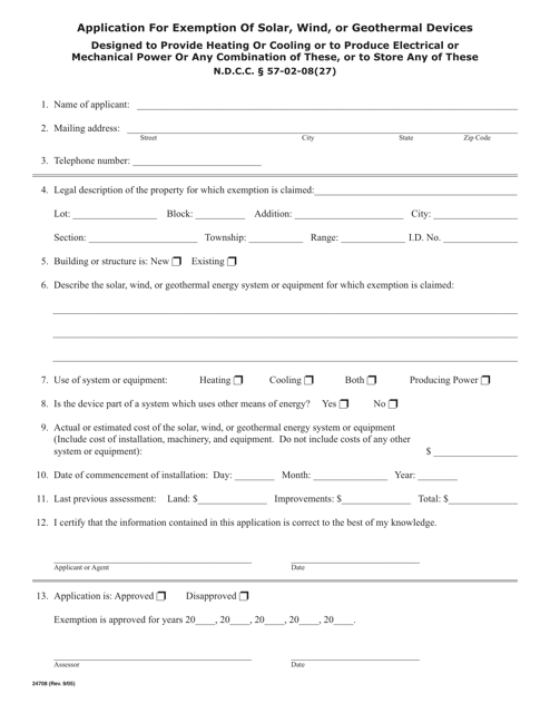 Form 24708 Application for Exemption of Solar, Wind, or Geothermal Devices - North Dakota