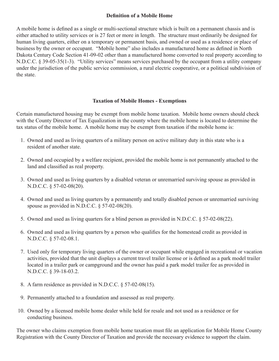 Form 24774 Application for Mobile Home County Registration - North Dakota, Page 2