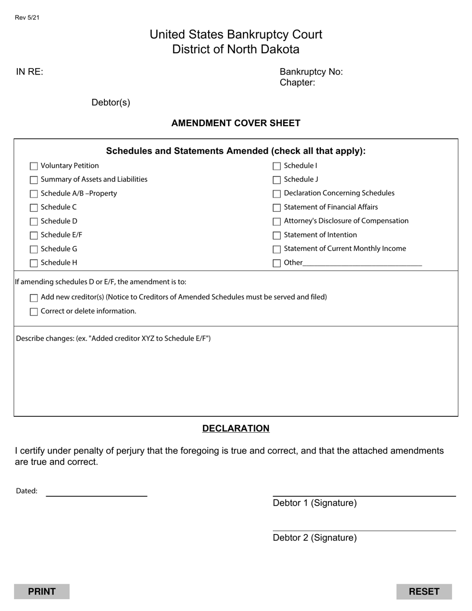 Amendment Cover Sheet - North Dakota, Page 1