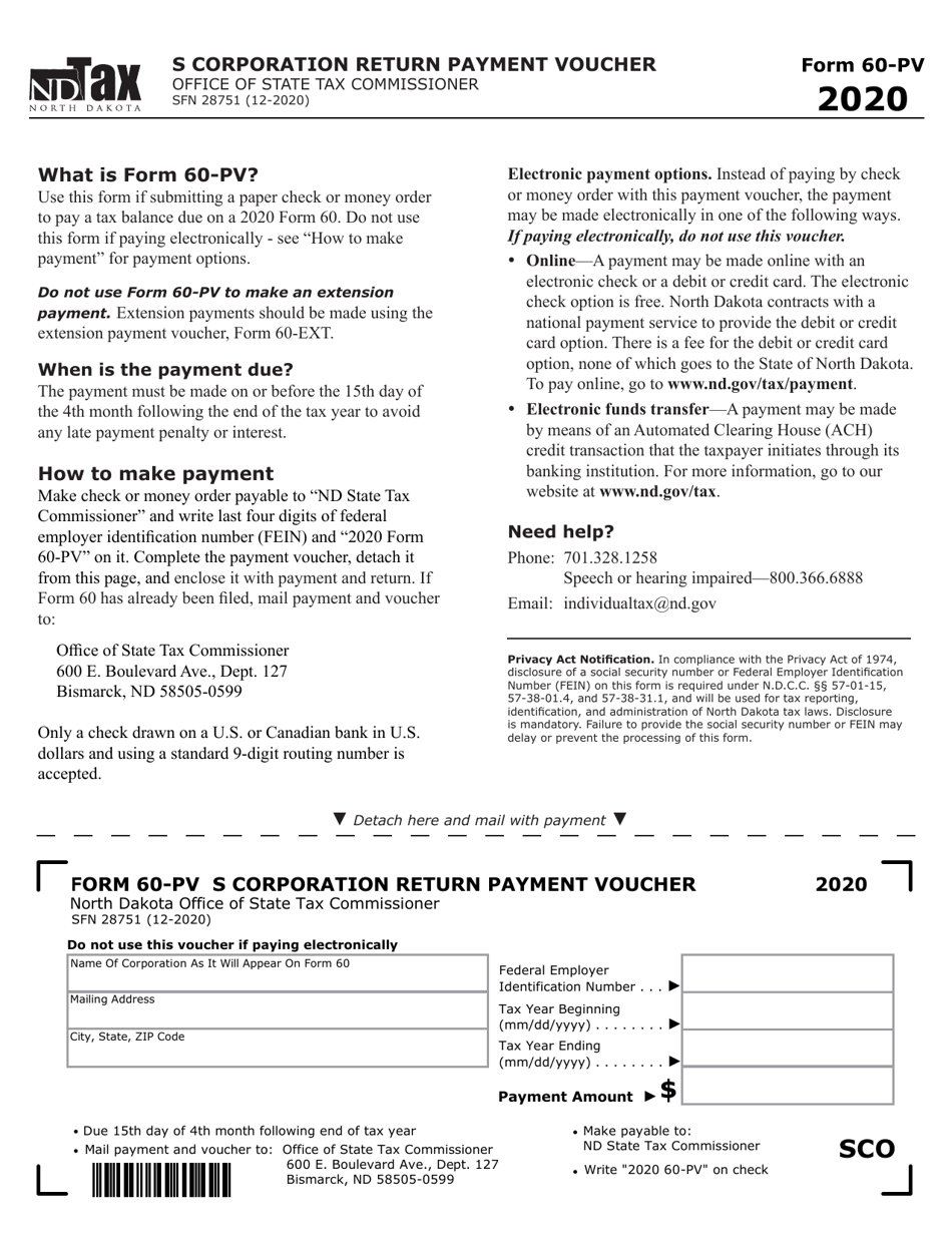 Form 60-PV (SFN28751) S Corporation Return Payment Voucher - North Dakota, Page 1