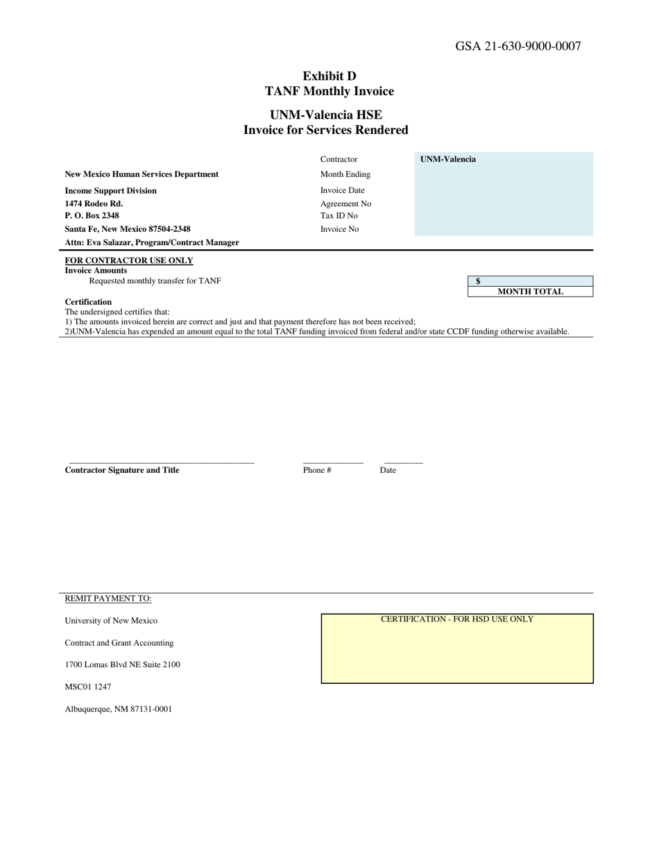 Exhibit D TANF Monthly Invoice - Unm-Valencia Hse - New Mexico, Page 1