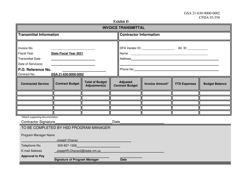 Exhibit D Invoice Transmittal - Early Childhood Education Care Department - New Mexico, 2021