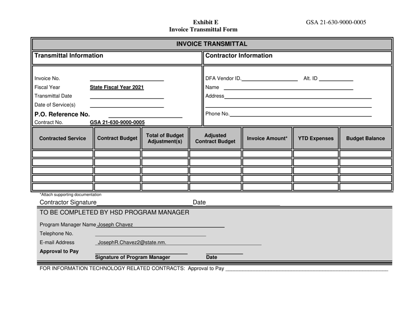 Exhibit E Invoice Transmittal Form - Ped Grads - New Mexico, 2021