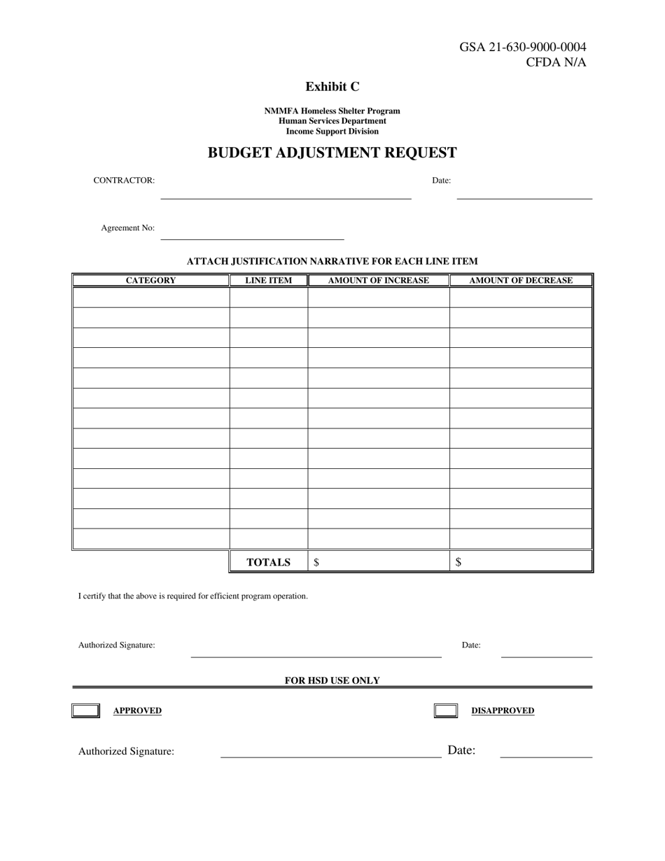 Exhibit C Budget Adjustment Request - Nmmfa Homeless Shelter Program - New Mexico, Page 1
