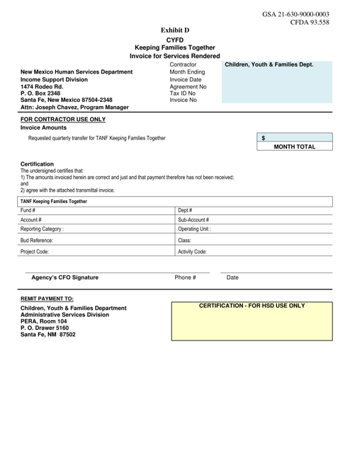 Exhibit D Invoice for Services Rendered - Cyfd Keeping Families Together - New Mexico