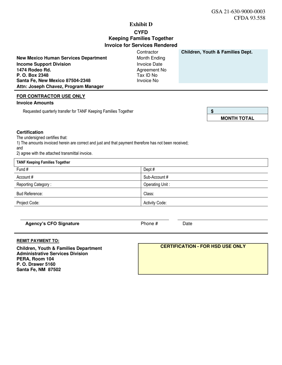 Exhibit D Invoice for Services Rendered - Cyfd Keeping Families Together - New Mexico, Page 1
