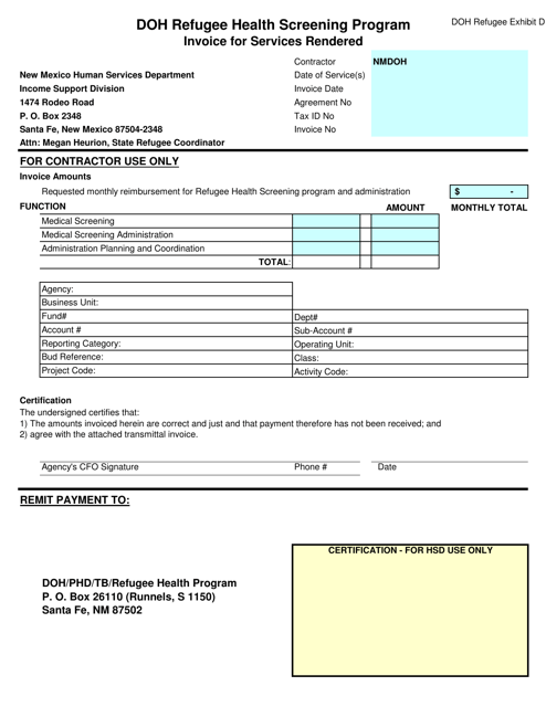 Exhibit D Invoice for Services Rendered - Doh Refugee Health Screening Program - New Mexico
