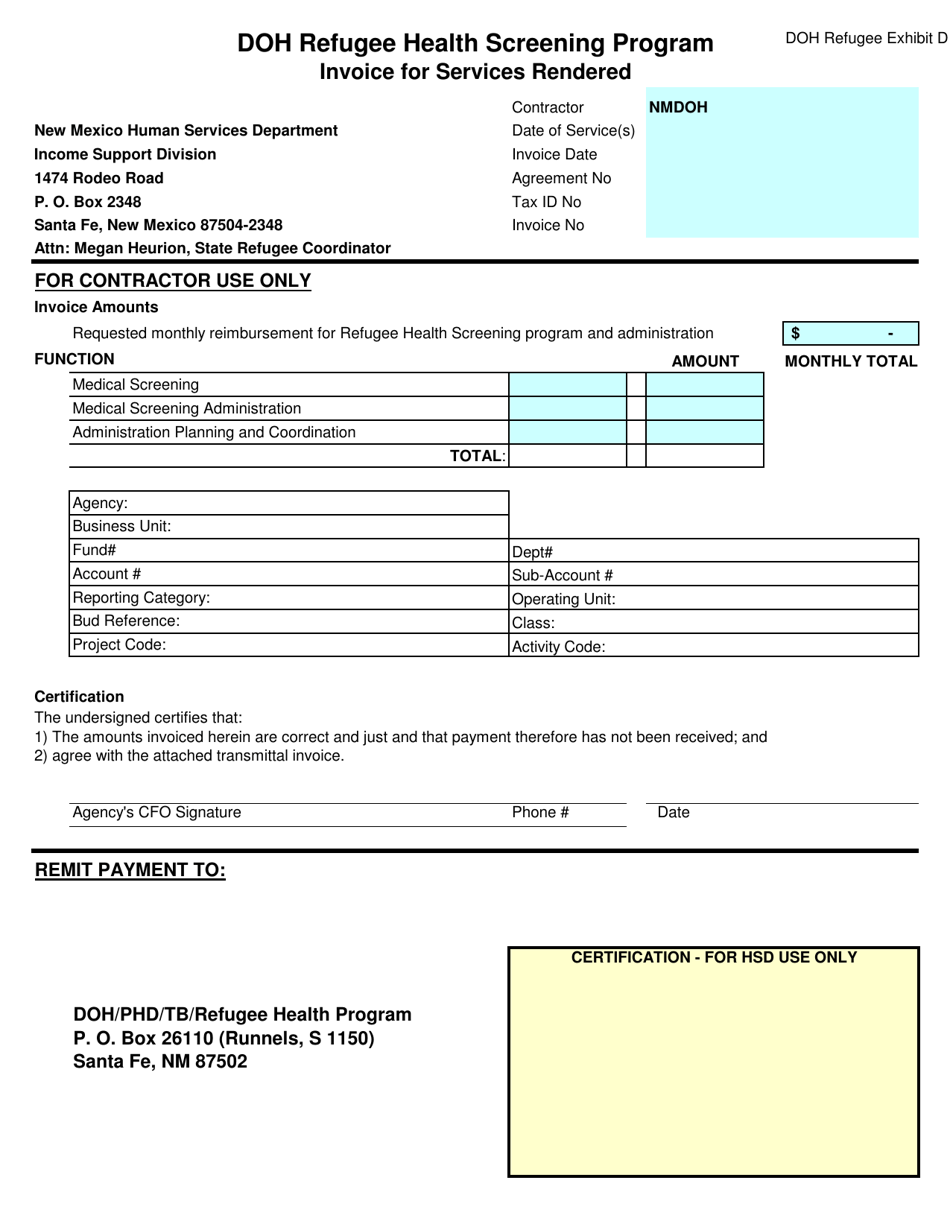 Exhibit D Invoice for Services Rendered - Doh Refugee Health Screening Program - New Mexico, Page 1