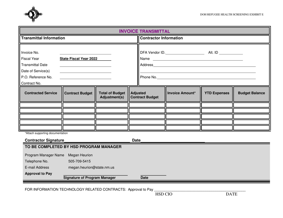Exhibit E Invoice Transmittal - Doh Refugee Health Screening - New Mexico, Page 1