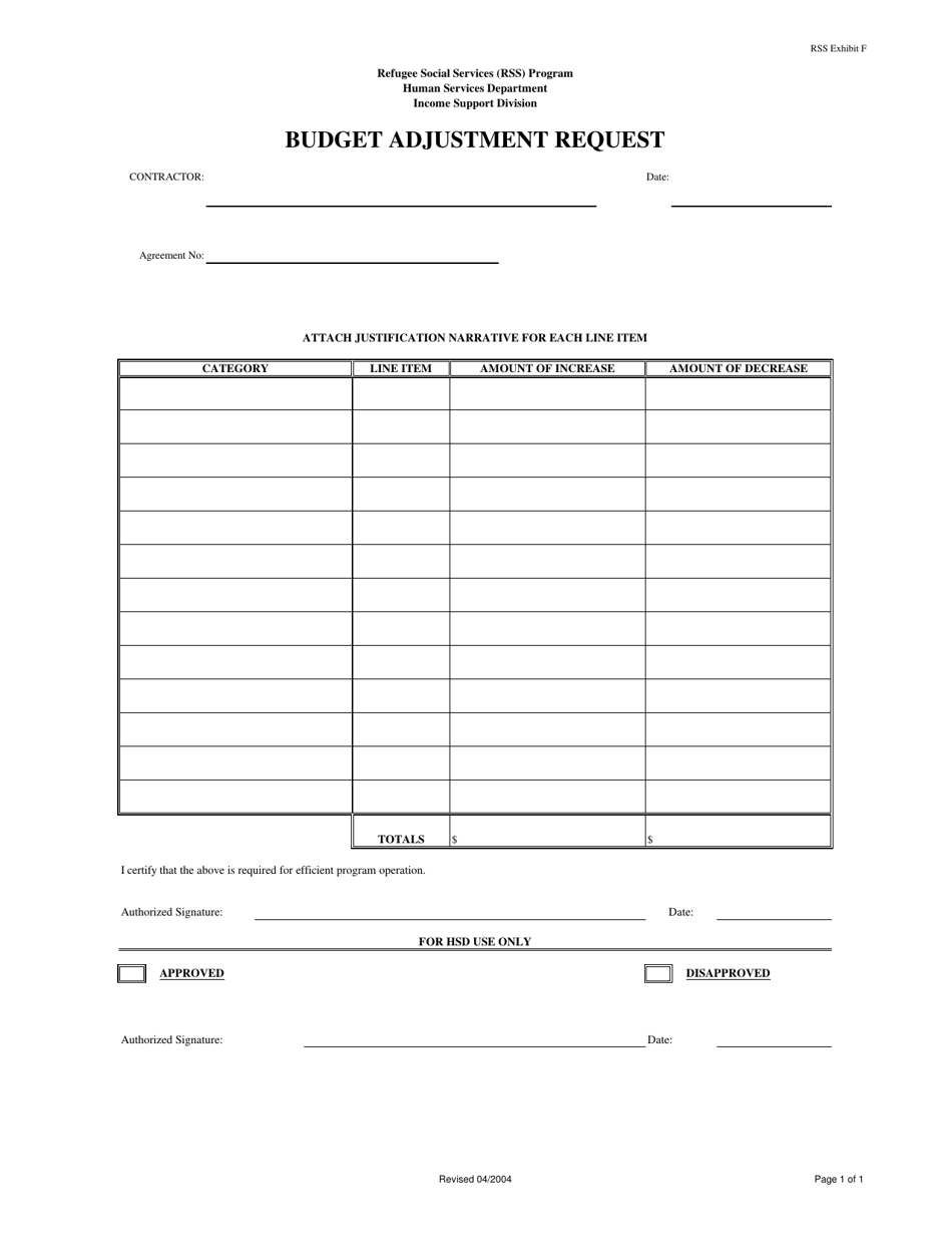 Exhibit F Budget Adjustment Request - Refugee Social Services (Rss) - New Mexico, Page 1
