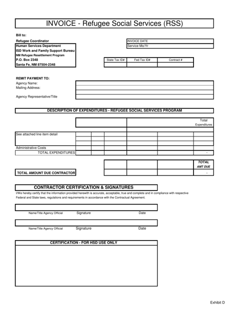 Exhibit D Invoice - Refugee Social Services (Rss) - New Mexico