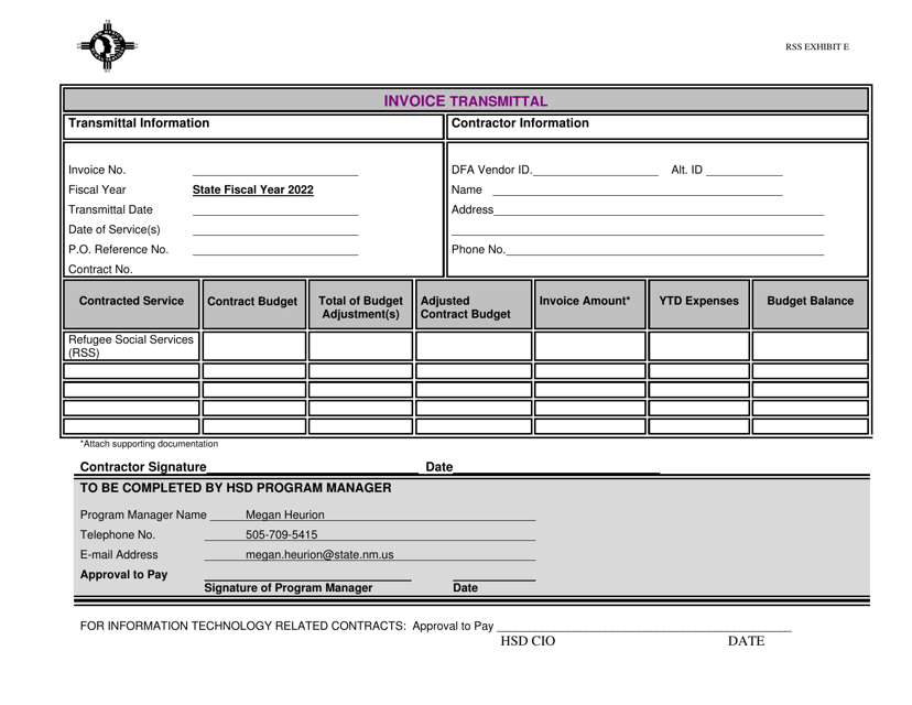 Exhibit E Invoice Transmittal - Refugee Social Service (Rss) - New Mexico, 2022