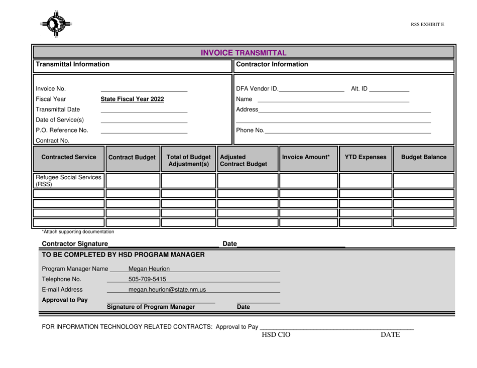 Exhibit E Invoice Transmittal - Refugee Social Service (Rss) - New Mexico, Page 1