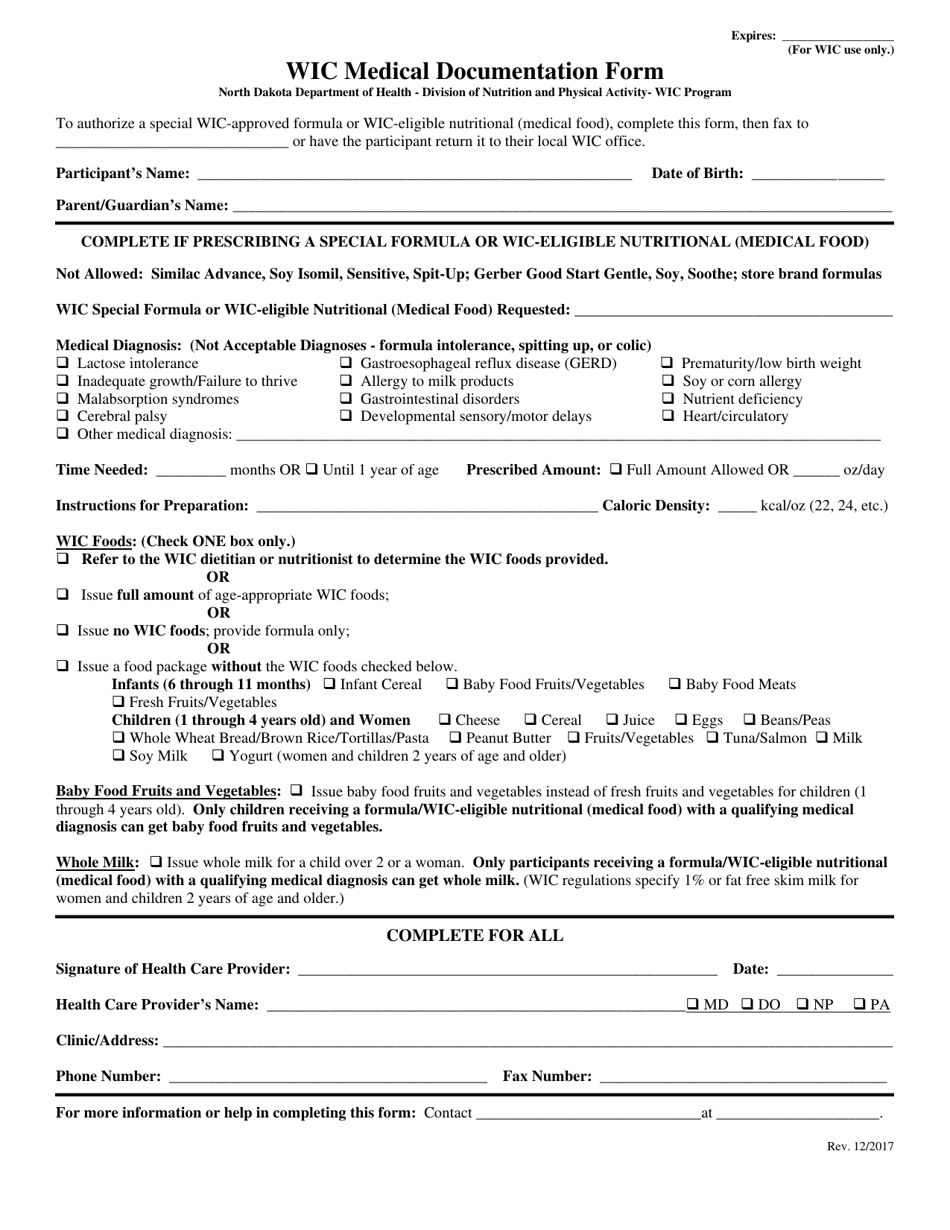 Wic Medical Documentation Form - North Dakota, Page 1