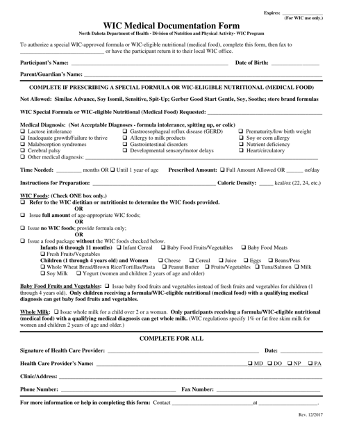 Wic Medical Documentation Form - North Dakota Download Pdf