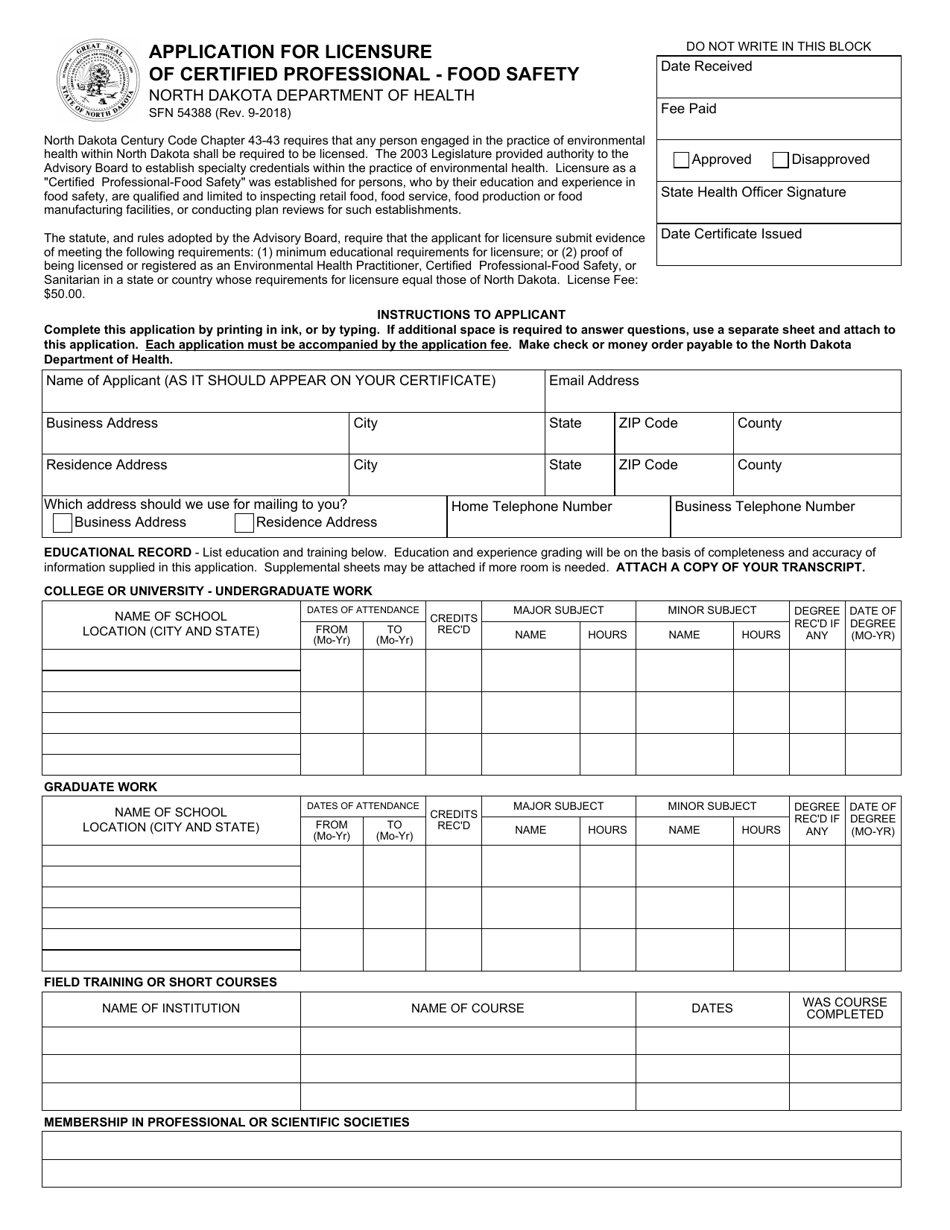 Form SFN54388 Application for Licensure of Certified Professional - Food Safety - North Dakota, Page 1