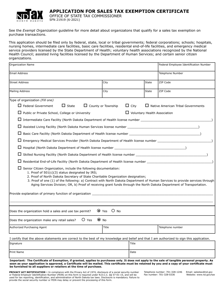 Form SFN21919 Download Fillable PDF or Fill Online Application for