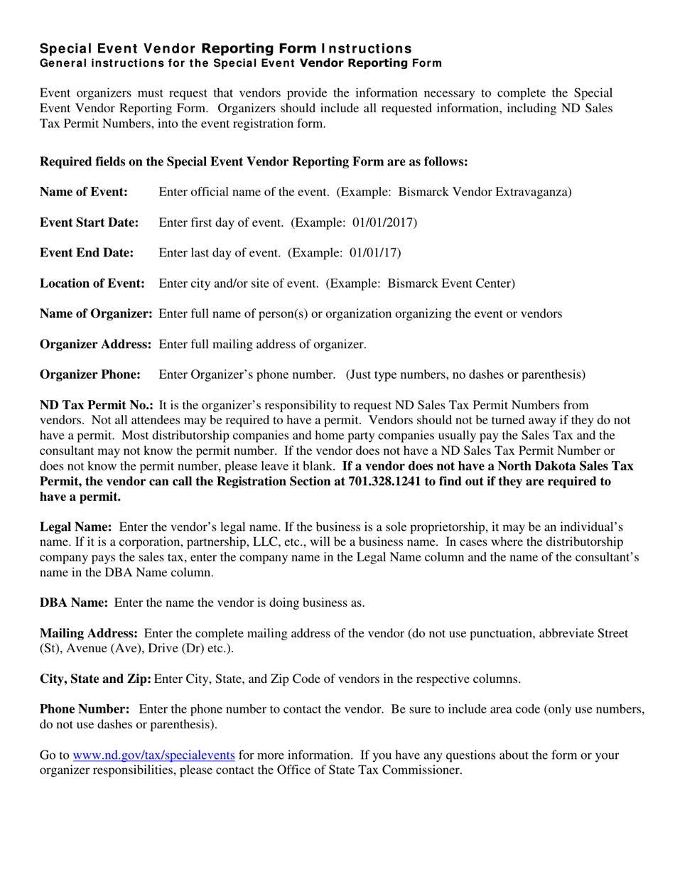 Instructions for Form SFN21911 Special Event Vendor Reporting Form - North Dakota, Page 1