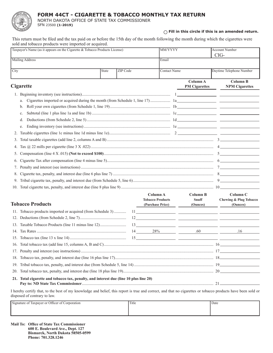 Form 44CT (SFN23500) Cigarette  Tobacco Monthly Tax Return - North Dakota, Page 1