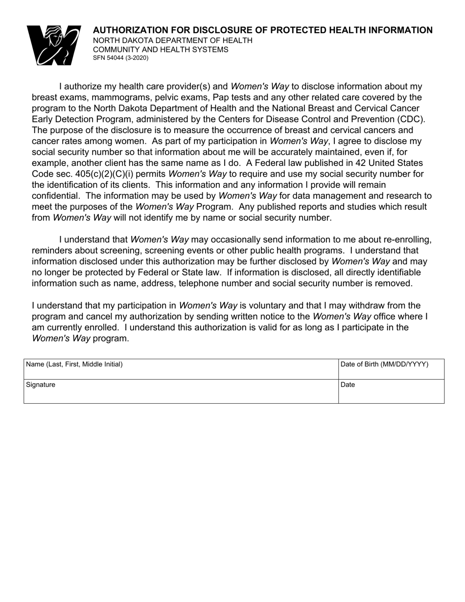 Form SFN54044 Authorization for Disclosure of Protected Health Information - North Dakota, Page 1