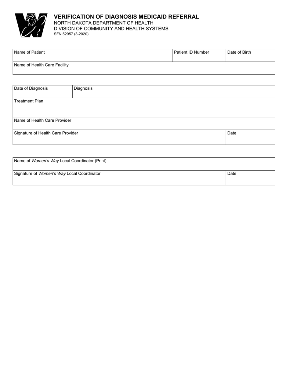 Form SFN52957 Verification of Diagnosis Medicaid Referral - North Dakota, Page 1