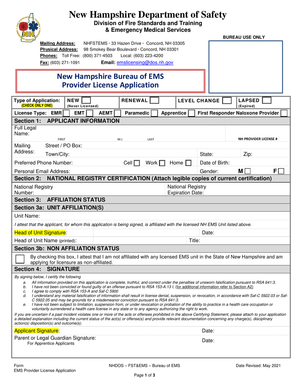 EMS Provider License Application - New Hampshire, Page 1
