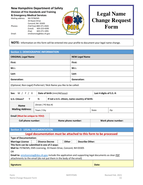 Legal Name Change Request Form - New Hampshire Download Pdf